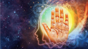 Palm reading showing the major palm lines including the life line, heart line, head line, and fate line used in palmistry.